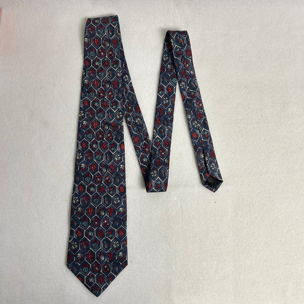 Vintage Dark Academia Villa Bugatti Mens OS Navy‎ Blue Silk Honeycomb Floral Tie